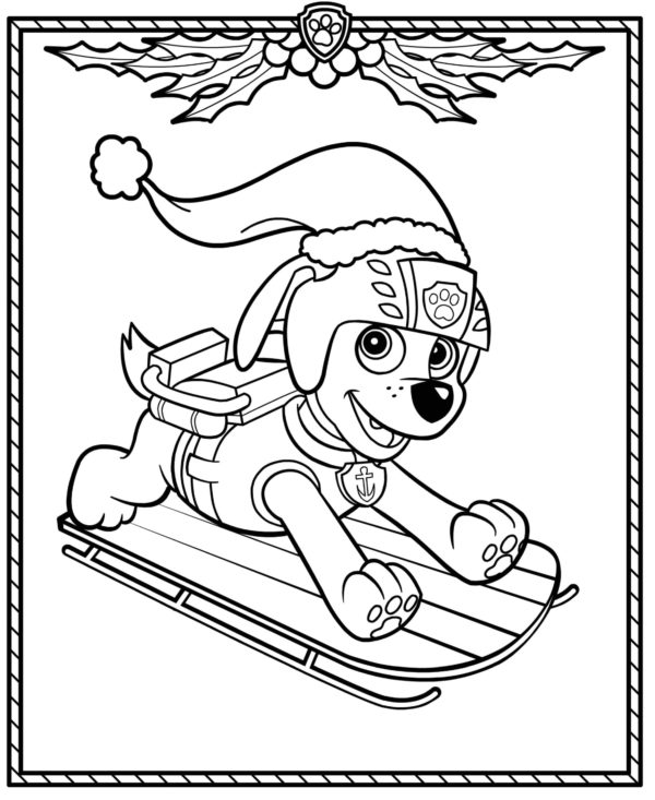 Marshall z Psiego Patrolu na sankach kolorowanka do druku